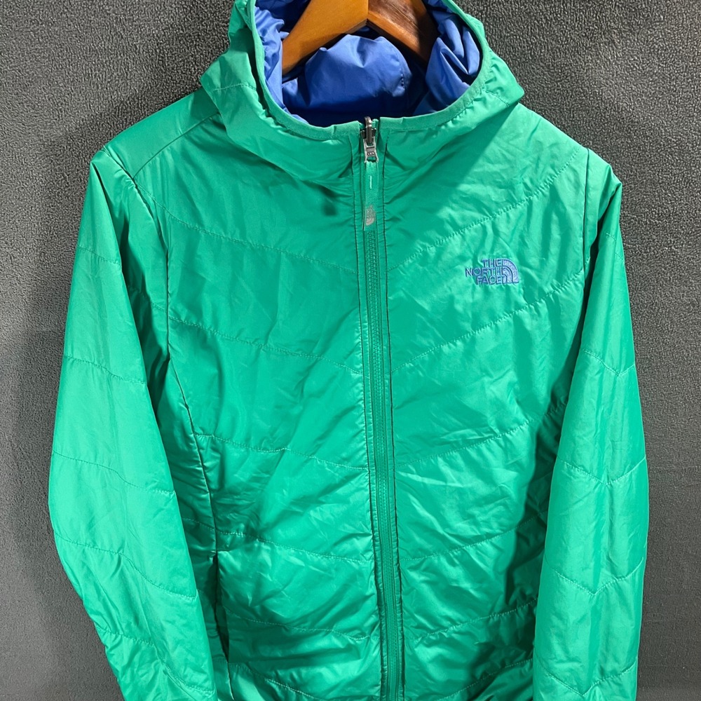 The North Face Girls Reversible Hooded Jacket Green Blue XL 18 Puffer Quilted